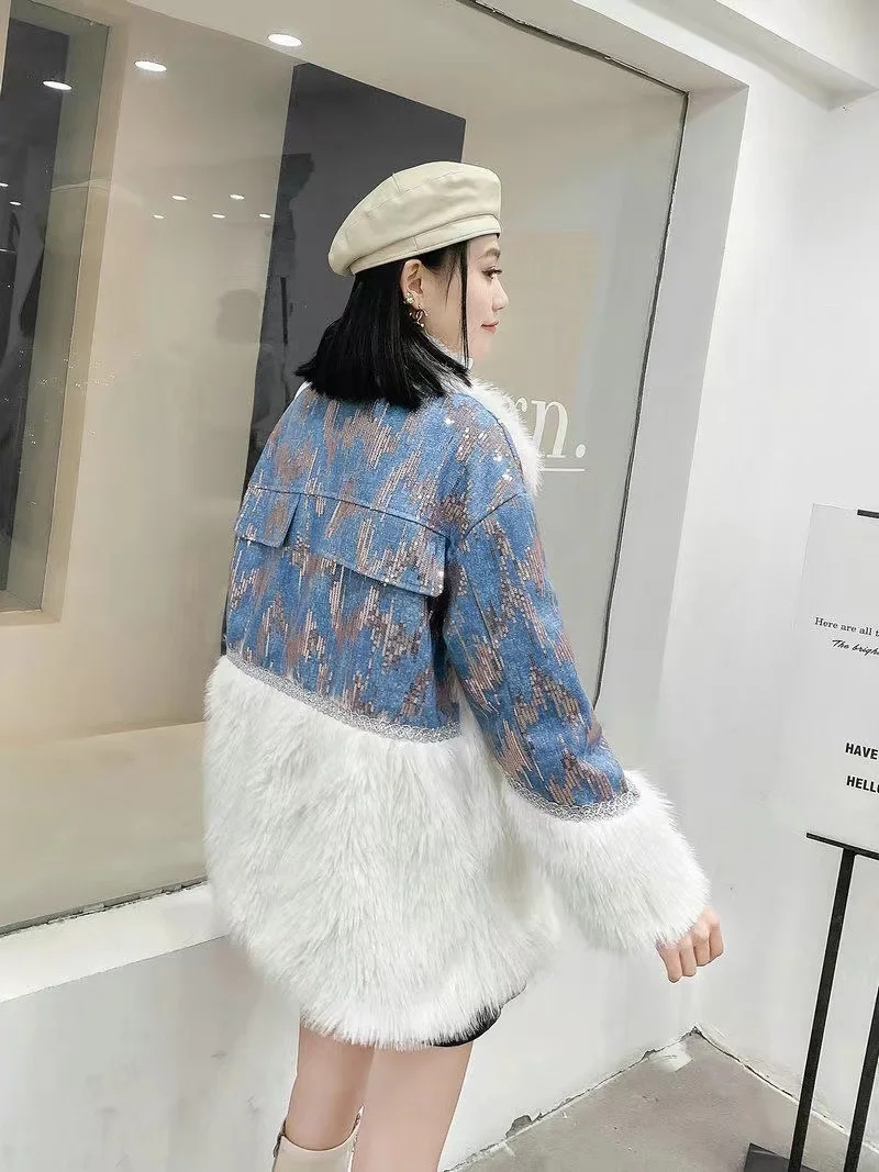 Lapel Imitation Fur Patchwork Denim Jacket 2024 Winter New Casual Loose Fashionable Warm All-Matching Faux Fur Coat Women