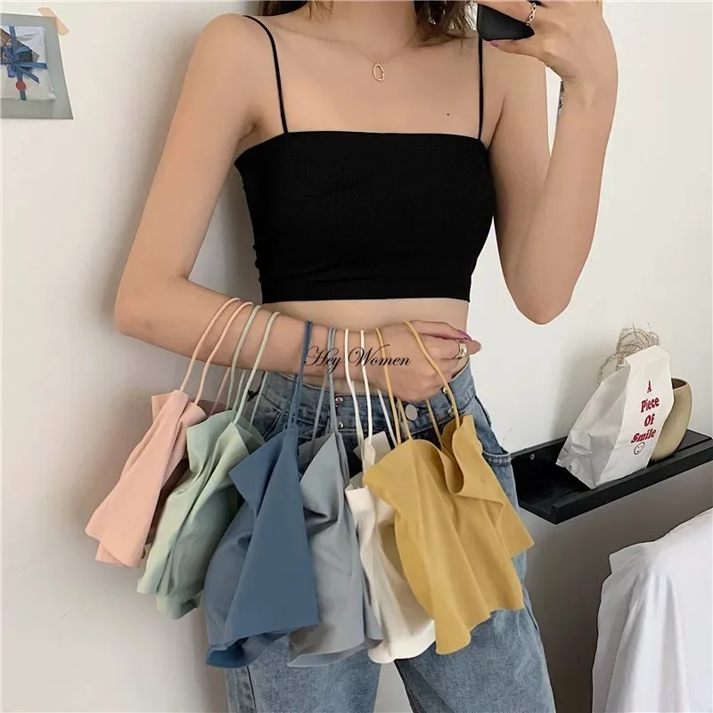 Sexy Women Crop Top Thread Ice Silk Chest Wrapping Female Student Korean Style Sports Vest with Pads Solid Color Camisole Bras