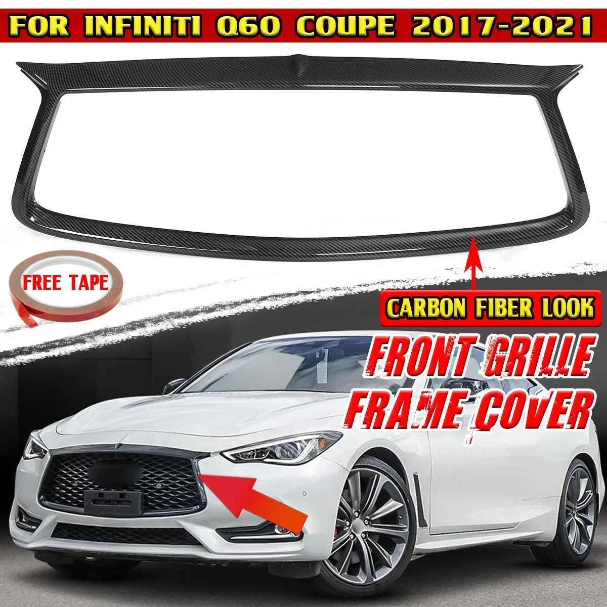 Q60 Car Front Grill Grille Frame Cover Front Racing Grill Outline Trim Cover Protector For Infiniti Q60 Coupe 2017-2021 Body Kit