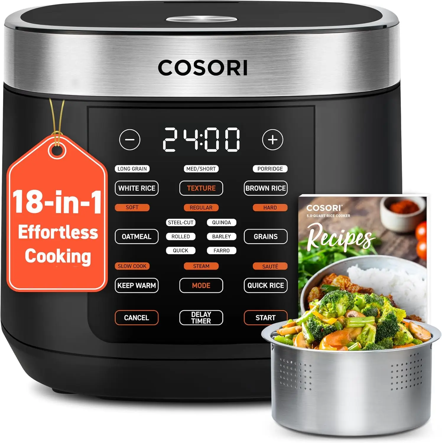 Urządzenie do gotowania ryżu na 10 filiżanek, utrzymuje ciepło przez 24 godziny, 18 funkcji Urządzenie do gotowania ryżu Fuzzy Logic z koszem do gotowania na parze ze stali nierdzewnej, sautować, wolnowar