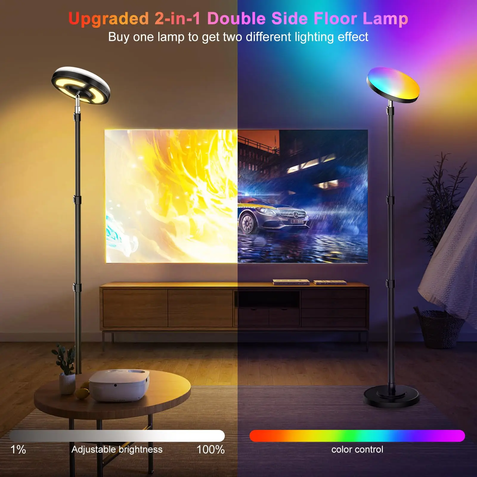 RGB Floor Lamp 2-in-1 Double Side Lighting Smart LED Tall Standing Light Work with Alexa 2600LM Color Changing Corner Floor Lamp