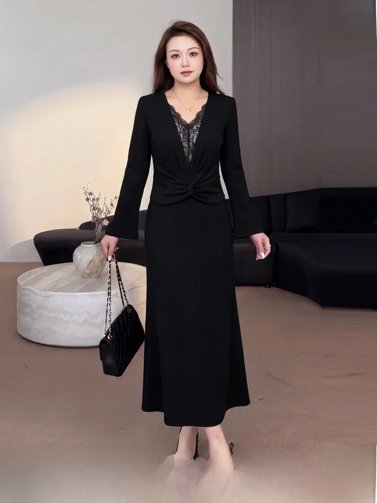 

Slimming V-Ne Lace Knot Large Size Women's Dr Bla Long Skirt Commute Sle Korean Version High Waist A-Line Skirt