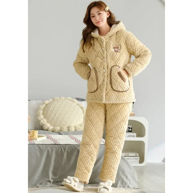 2024 New Winter Women Cotton Pajamas  Warm Thick Homewear Plus Size Coral Velvet Cotton-padded Hooded Sleepwear Suit