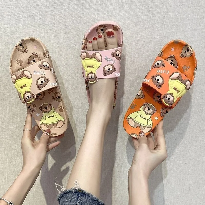 Comemore Women Slippers Open Toe Cute Cartoon Bear Stylish Soft Comfort Non-Slip Bathroom Summer 2cm High Heels 2023 New Shoes