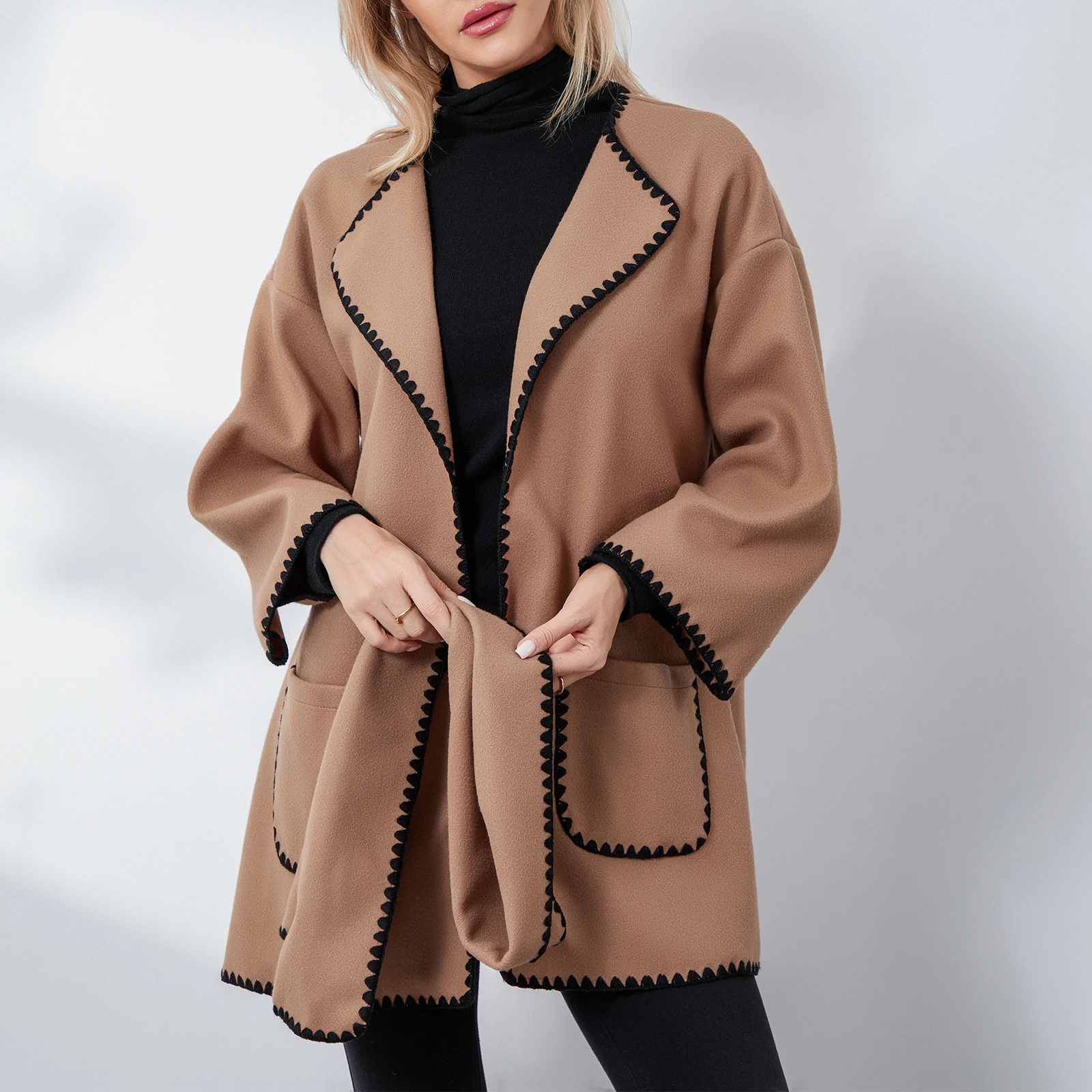 Manteau décontracté adt pour femme, col rabattu, manches longues, devant ouvert, manteau cardigan avec abonnés, écharpe de bord ast, automne, hiver, 2 pièces