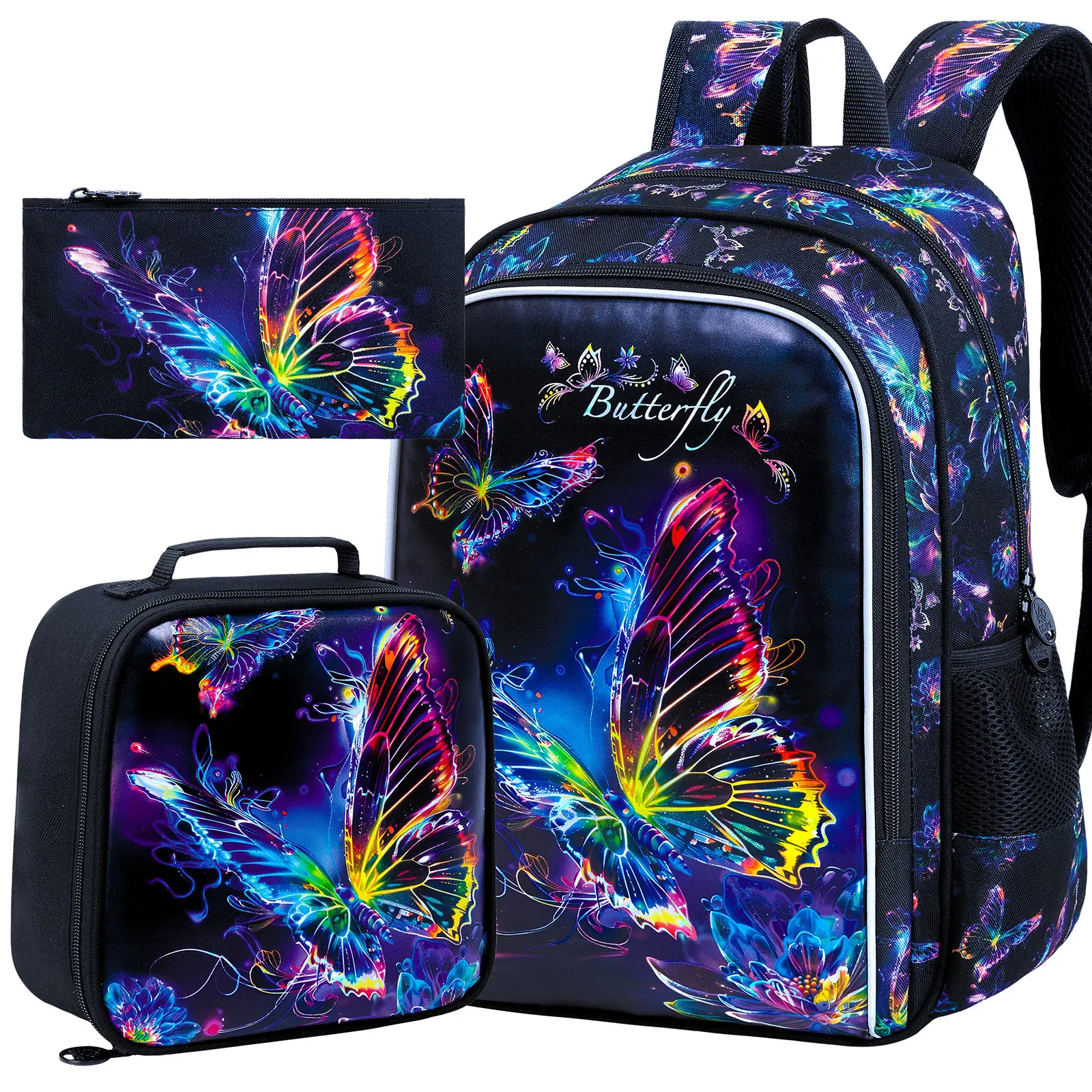 Zaino per bambini da 16 pollici per ragazze, zaino scolastico da 3 pezzi con scatola per il pranzo, set di zaini a farfalla per la scuola materna elementare