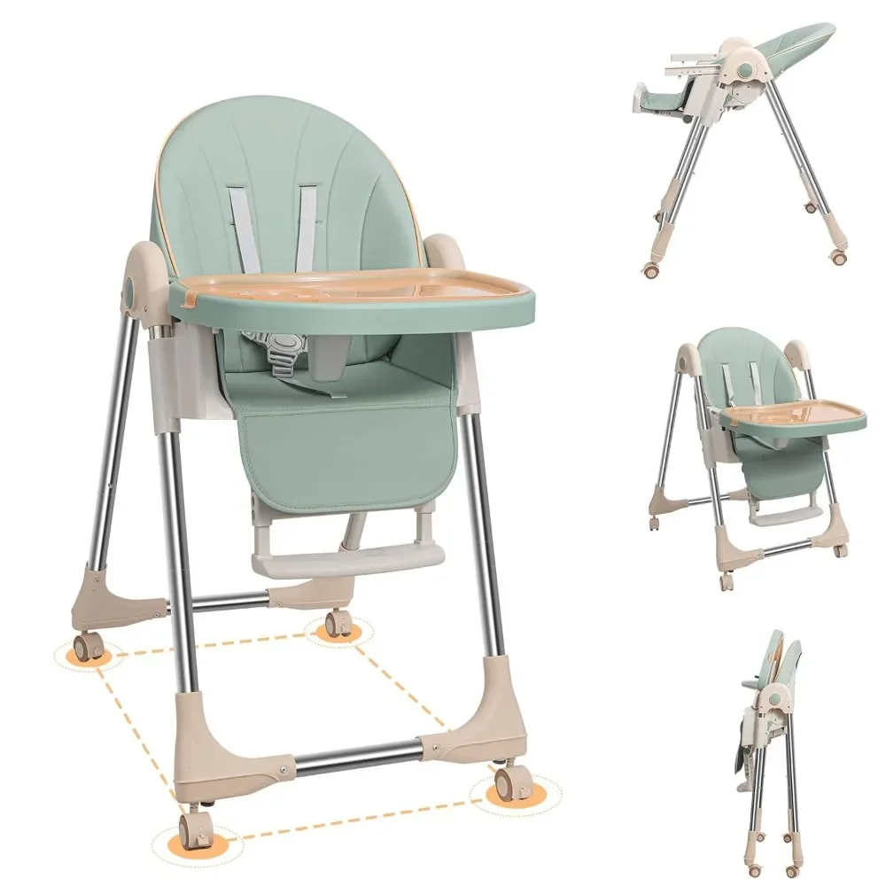 

Baby High Chairs for Babies and Toddlers with Adjustable Backrest/Footrest/Seat Height,Foldable High Chair with 4 Wheels, Toddle