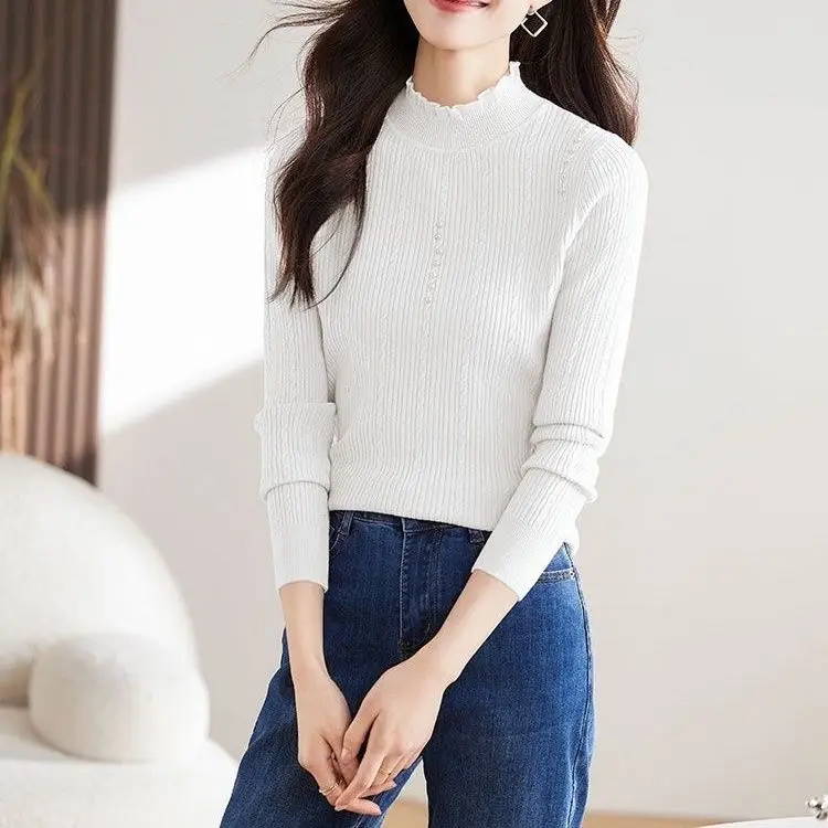 Solid Sweater Women Half Turtleneck Knitted Pullovers Harajuku Korean Thick Lace Knitwear Autumn Winter Fashion Slim Jumpers