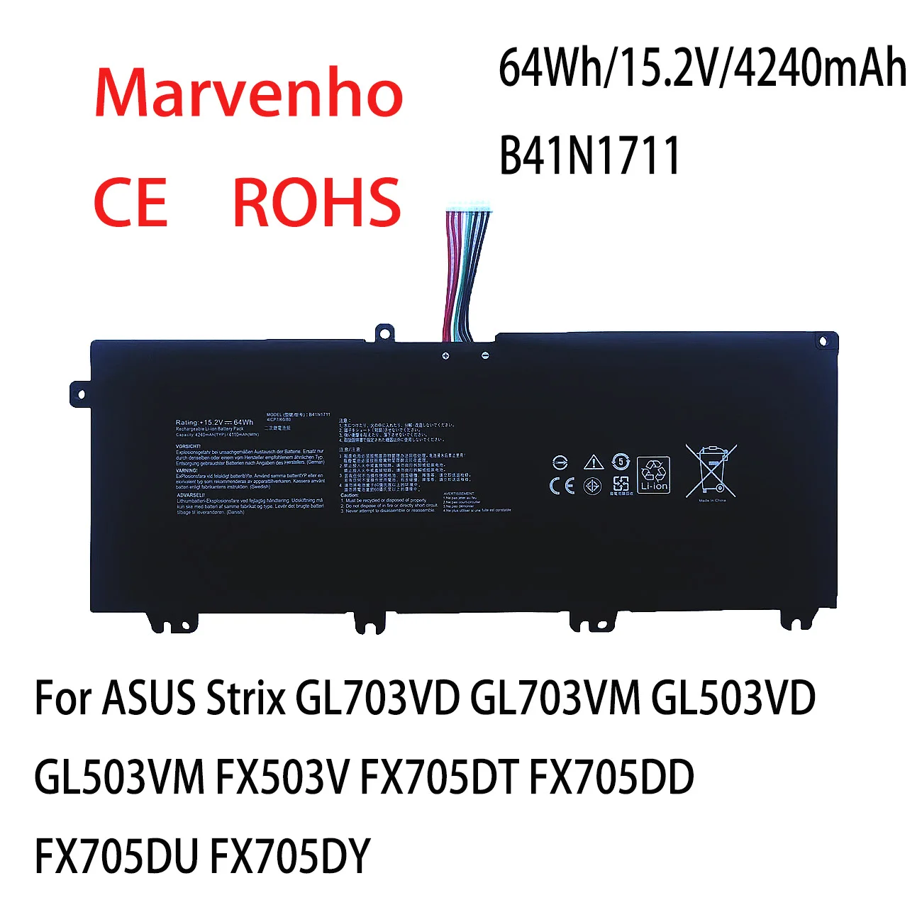 New Marvenho 64Wh 15.2V B41N1711 Laptop Battery For ASUS Strix GL703VD GL703VM GL503VD GL503VM FX503V FX705DT FX705DD FX705DU