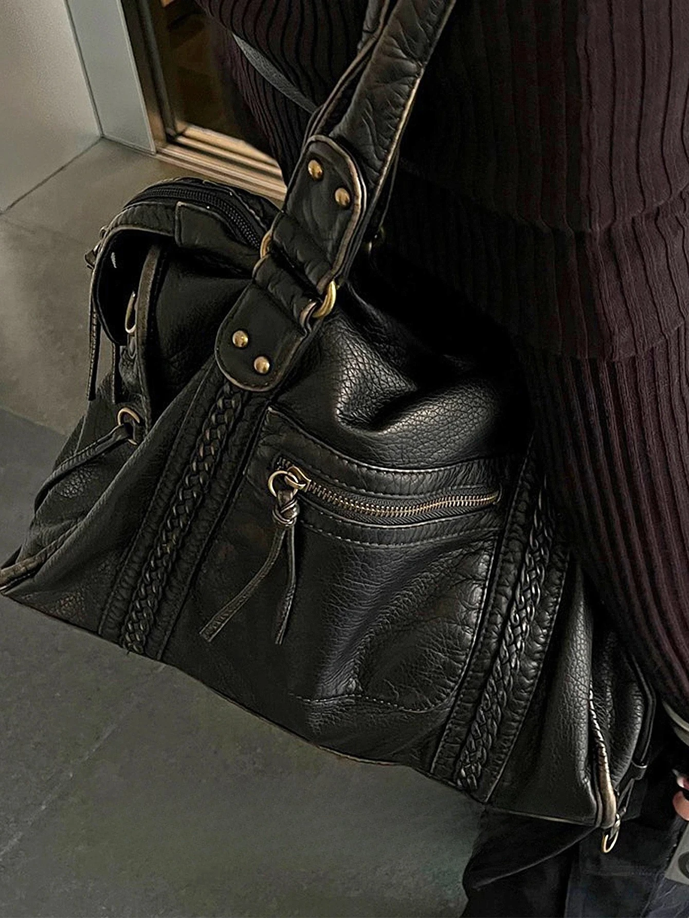 

Vintage Washed PU Leather Large Capacity Tote Zip Pockets Braid Decor Shoulder Cross body Bag Unisex Women Daily Travel Handbag