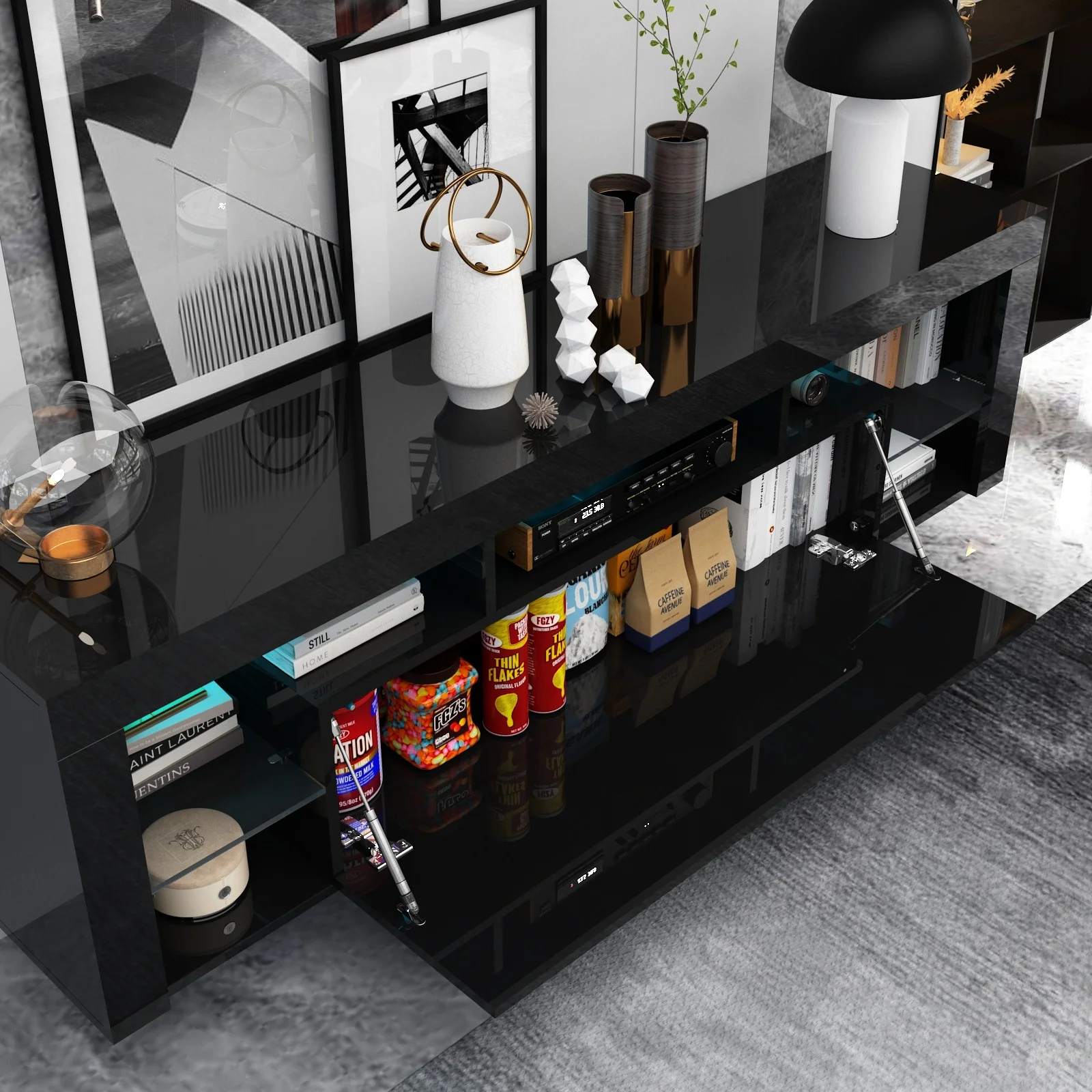 63" Floating TV Stand for 60" TV, LED TV Cabinet w/Power Outlets, Storage and Shelf, Gloss Media Console Table 3