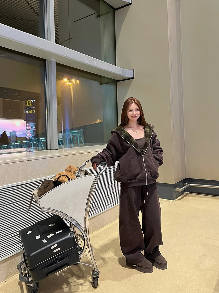 

NanaByNana Double-Sided Wear Hooded Fleece Sweatshirt Set Women Winter Wide Leg Pants Two-Piece Set Cotton Long Sleeve Long P...