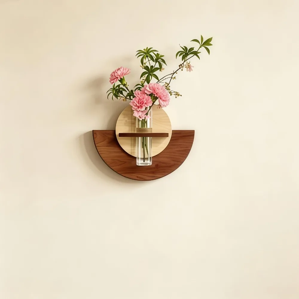 Creative Semicircle Wood Wall Hanging Glass Vase Minimalist Plant Flower Holder for Living Room Bedroom Home Decor