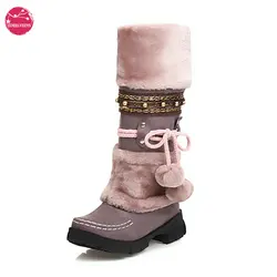 Winter Warm Mid Calf Women's Retro Snow Boots, Vintage Ethnic Stylish Handmade Weaving Fuzzy Ball Decor Chunky Heeled Booties