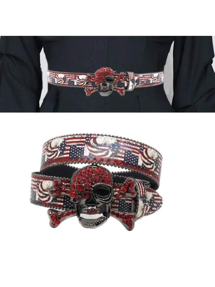 

X7XB PU Waist Belt with Skull Rivet Adjustable Pin Buckle Waist Belt Woman Jeans Skirt Coat Decorative Western Waist Belt