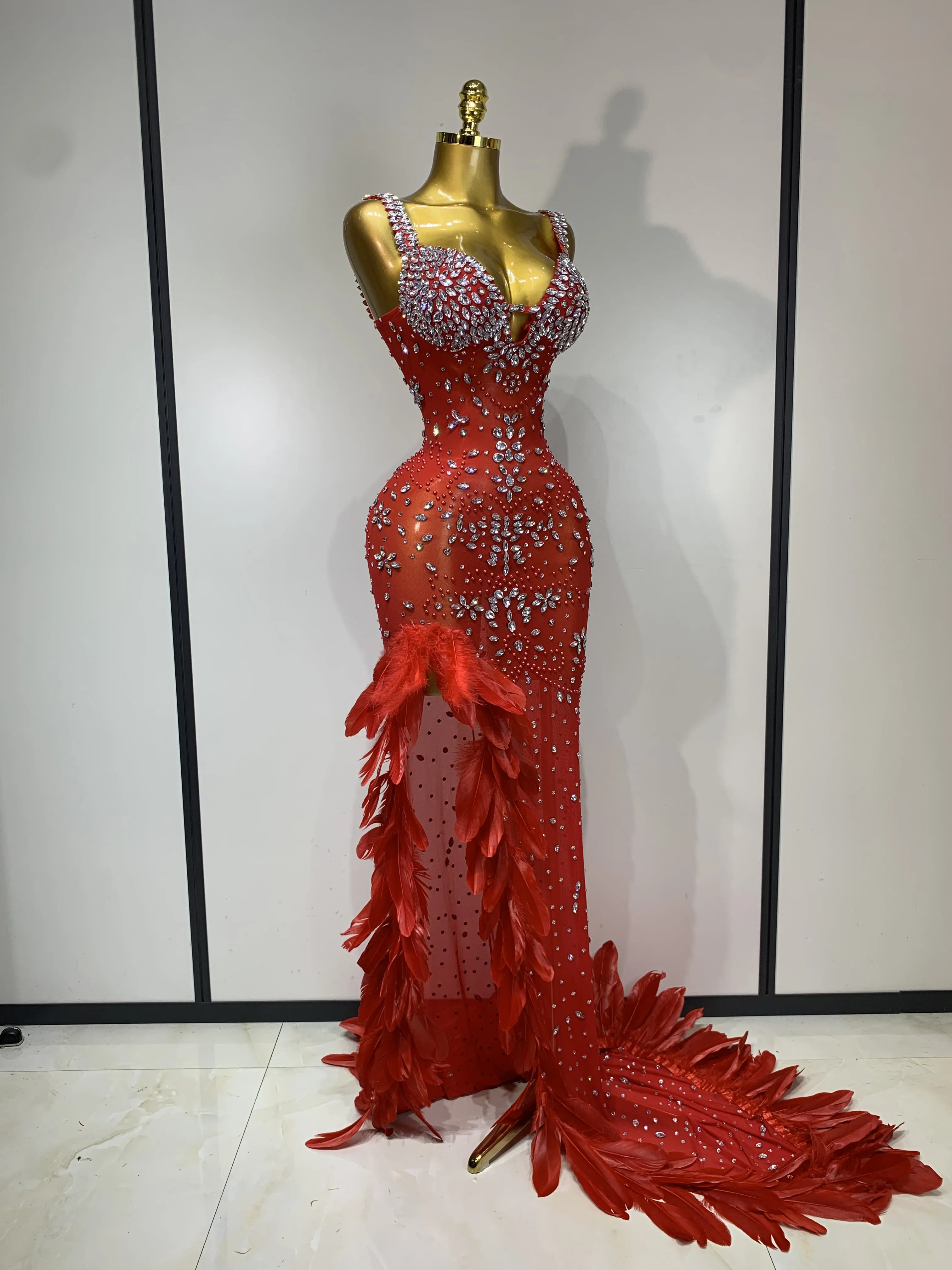 Women Sparkly Rhinestone Feather Mesh Transparent Maxi Long Dress Sexy Backless Birthday Evening Party Singer Stage Costume