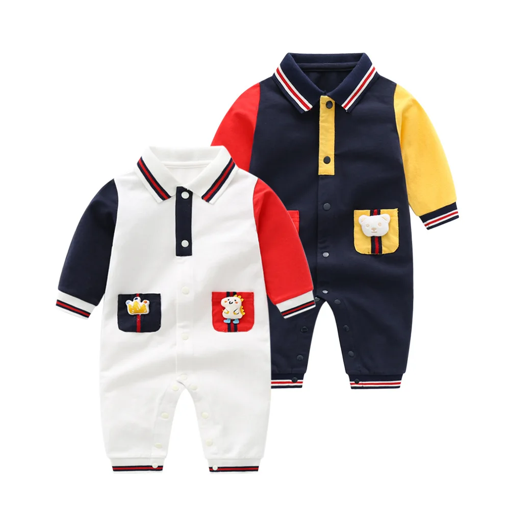 Baby Jumpsuit Spring Autumn Long Sleeve Handsome Contrast Cartoon Newborn Boys Bodysuit Cotton Polo Collar Infant Boy Romper