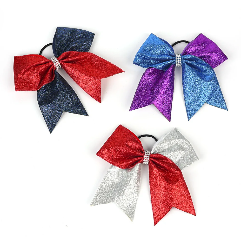 7 Inch Woman Sequin Bling Large Cheerleading Bowknot Rhinestone Elastic Hair Band Ponytail Holder Scrunches Girl Hair Accessorie