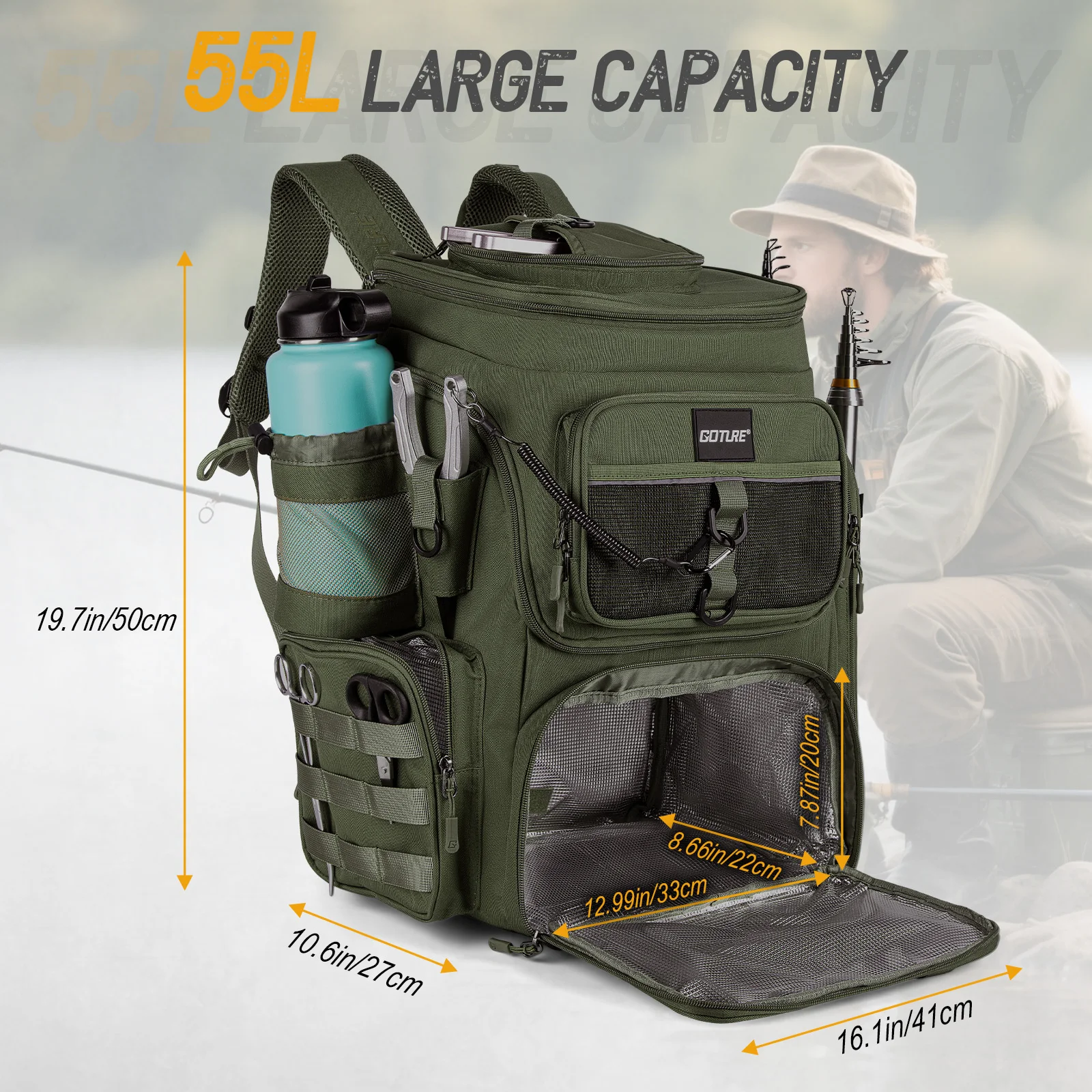 

Goture 55L Lightweight Fishing Backpack Water Resistant Tackle Bag with Adjustable Straps Rod Holder Outdoor Fishing Gear Bag