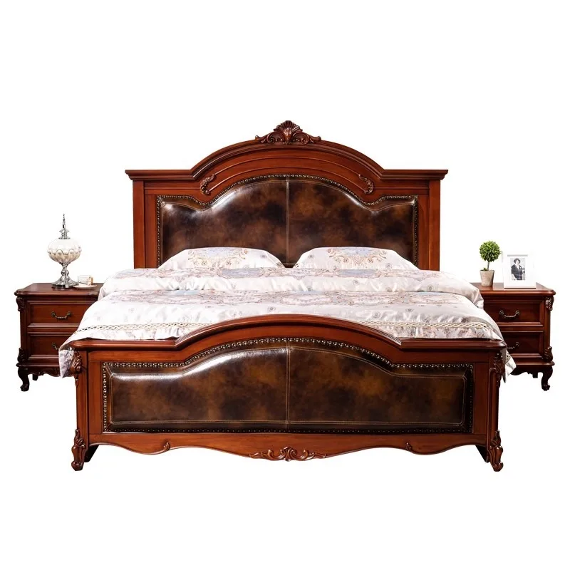 Luxury European-American 1.8m Solid Wood Comfortable Genuine Leather Upholstered Pneumatic Structure Double Master Villa Bedroom