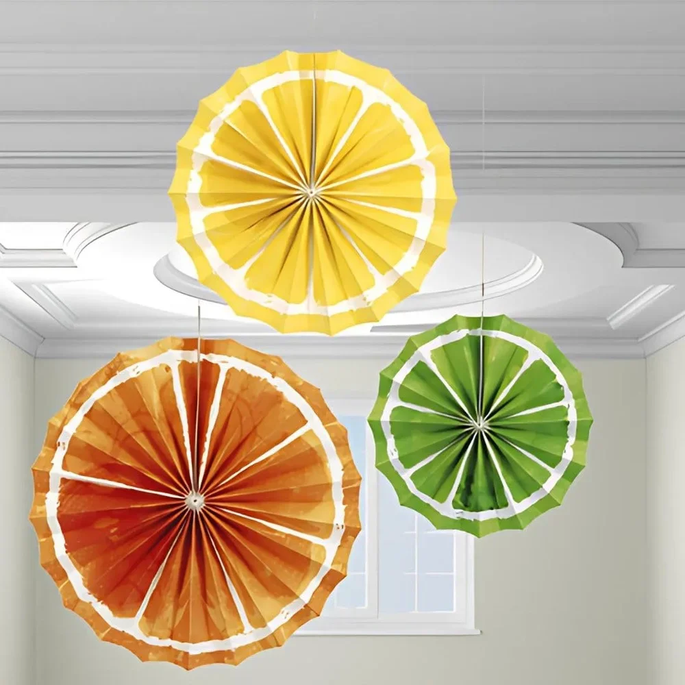 Multicolor Citrus Fruit Tissue Paper Fans Pack of 3 Vibrant Party Decorations Easy Assemble Tropical Summer Event Decor
