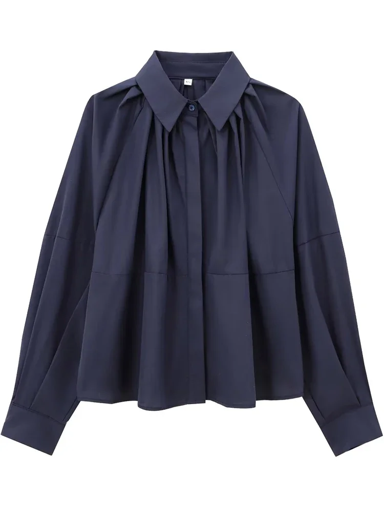 Willshela Women Fashion Navy Blue Pleated Single Breasted Blouse Vintage Lapel Neck Long Sleeves Female Chic Lady Shirts