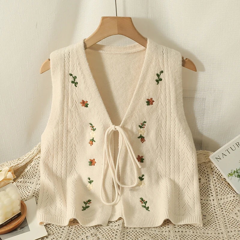 Knitted Vests Women Soft Embroidery Tender Vintage Bandage Casual Autumn Sleeveless Temper Harajuku Fashion Cozy Mujer Classic