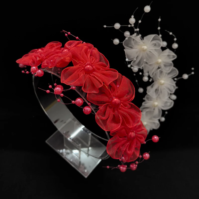 Elegant White Satin Lace Flower Bridal Headband for Women Bridesmaid Vintage Floral Wedding Ceremony Photoshoot Hair Accessories view 4