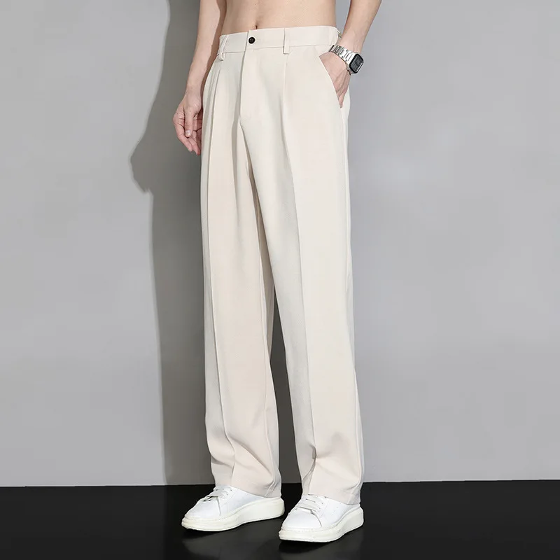 Men's Commuting Straight Leg Suit Pants American Casual Fashion Pleated Autumn Solid Color Simple Male Business Trousers