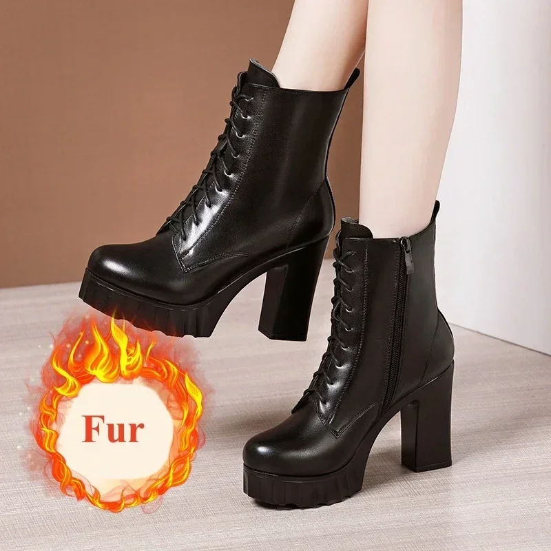 10 15cm Small Size 32-43 Fashion Block High Heels Shoes with Fur Platform Boots 2024 Thick Bottom Snow Ankle Boots Office Model