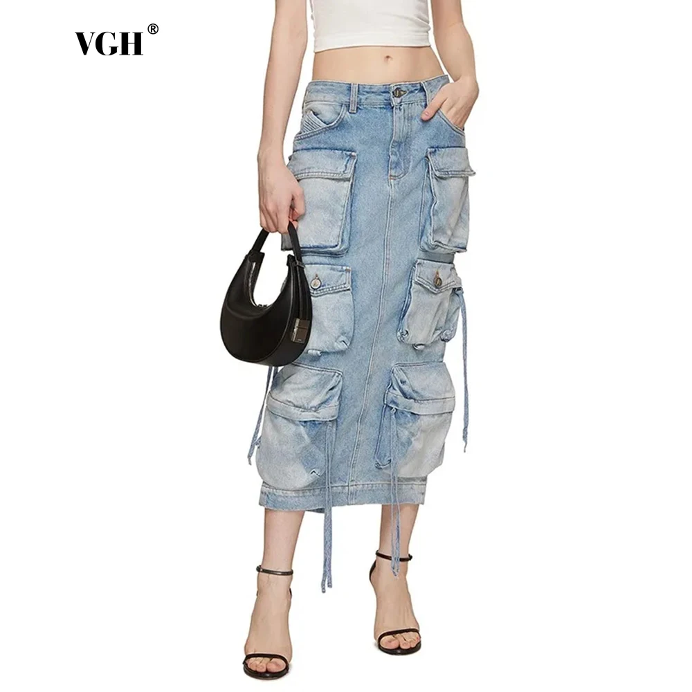 VGH Patchwork Pockets Tide Chic Denim Skirt For Women High Waist Spliced Button Bodycon Solid Long Skirts Female Fashion Style