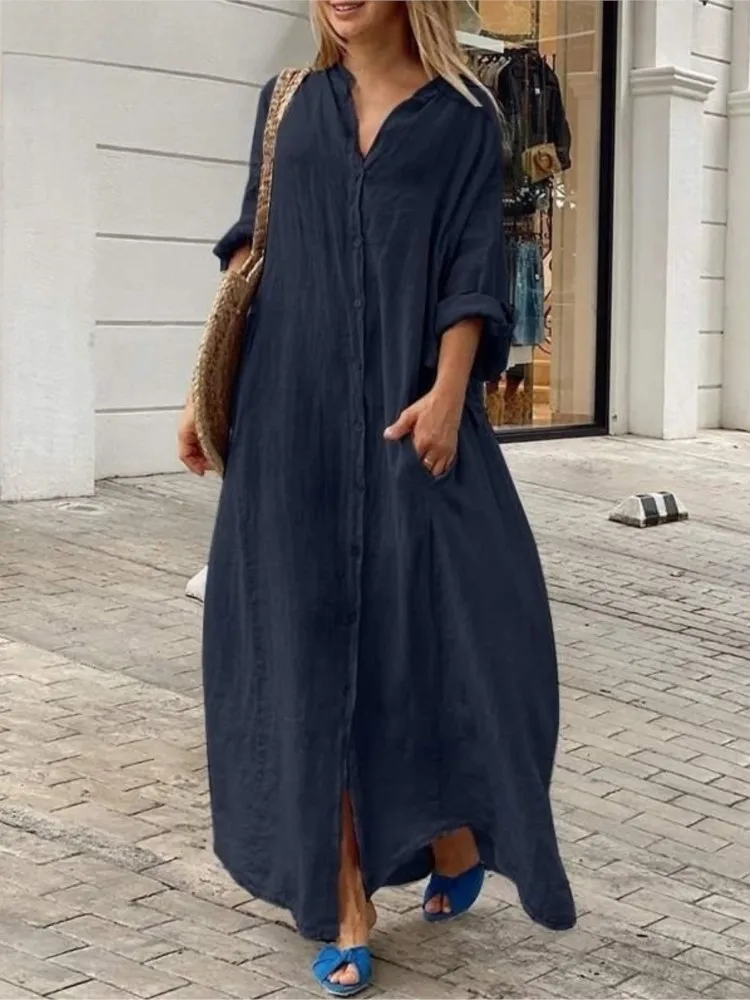 

2024 Spring Autumn Women's New Casual Pocket Shirt Collar Long Skirt Casual Cotton Linen Loose Comfortable Dress