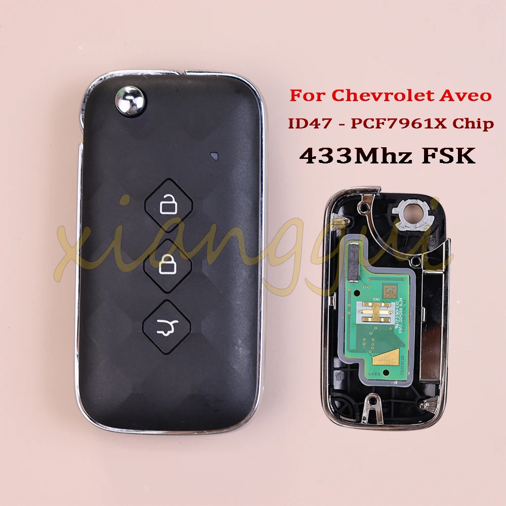 

433Mhz FSK ID47 PCF7961X Chip with New Uncut Blade OEM 3-Buttons Flip Folding Remote Car Key Remote Fob for Chevrolet Aveo 2024