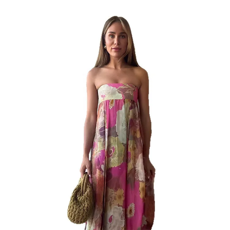 Faionable Printed Maxi Dr Ele Summer New Arrival Women's Clothing Strapl Gown Long Sve Zipper Closure Casual Wear