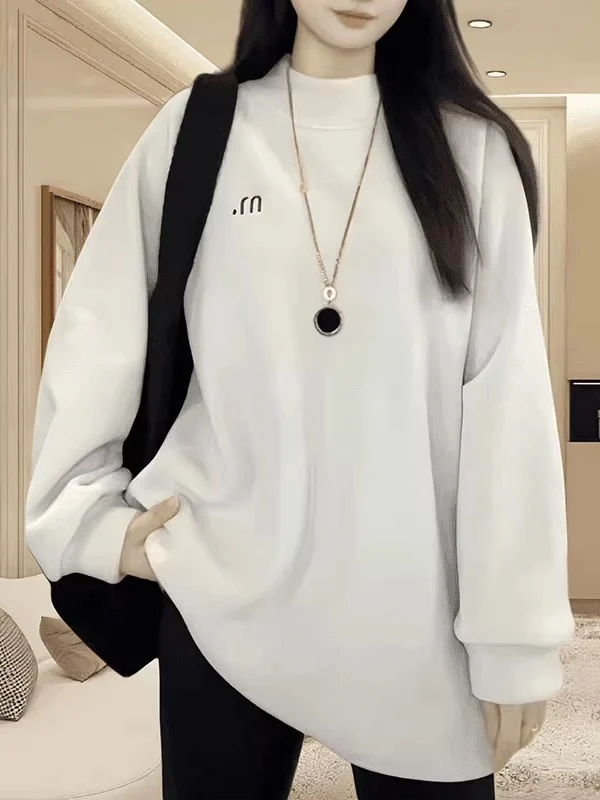 

plus Size Double Faced Fce Thiened f High Collar Sweatirt Women's Sle 2026 Early Spring New Loose Middle Length Top