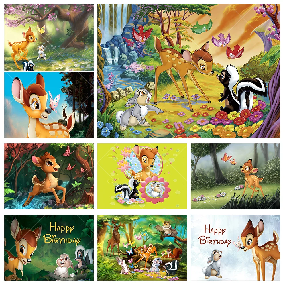 Disney Bambi Deer Backdrop Kids Birthday Baby Shower Background Forest Animals Polyester Vinyl Photography Decoration Props