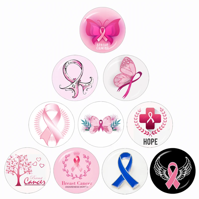 Cinta rosa de esperanza para concientización sobre el cáncer de mama, 10 piezas, 12mm/16mm/18mm/20mm/25mm/30mm, cabujón de cristal de demostración para hacer hallazgos