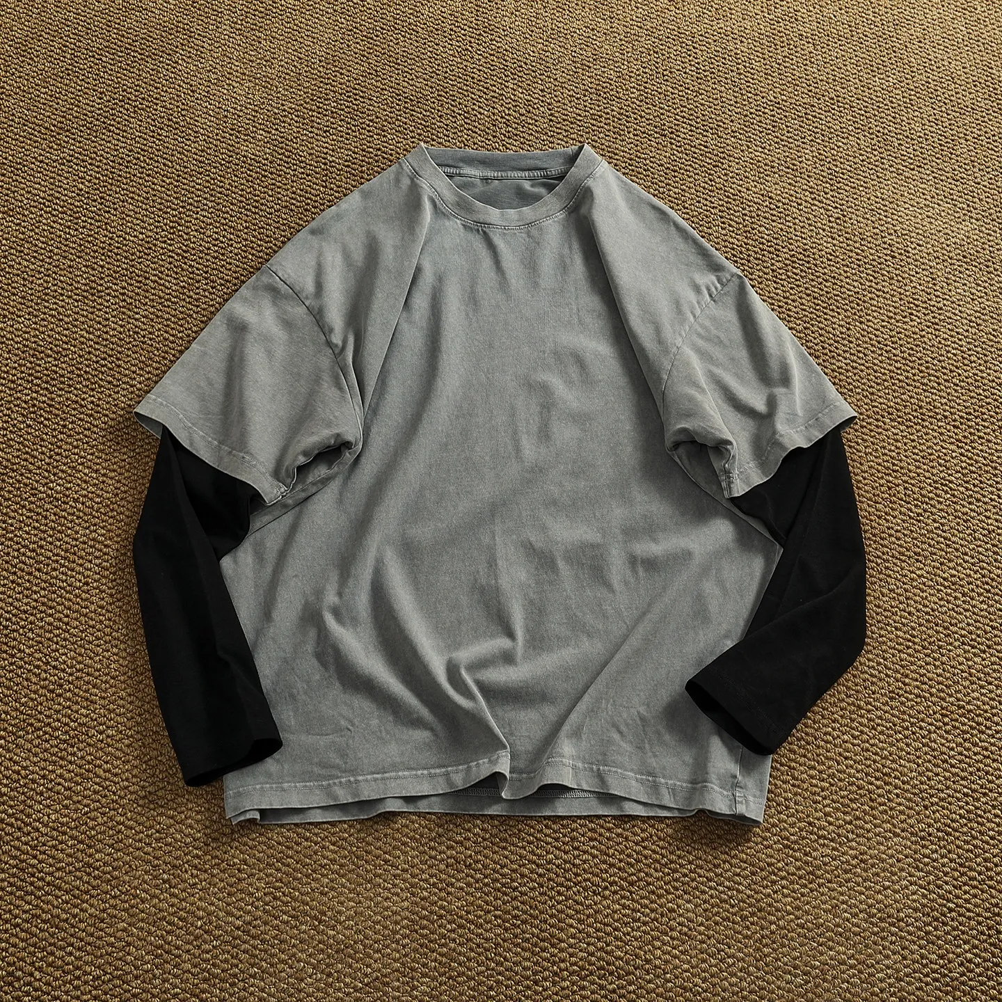 Spring New American Retro Fake Two Pieces Long-sleeved O-neck T-shirts Men's Fashion Simple 100% Cotton Washed Casual Sport Tops