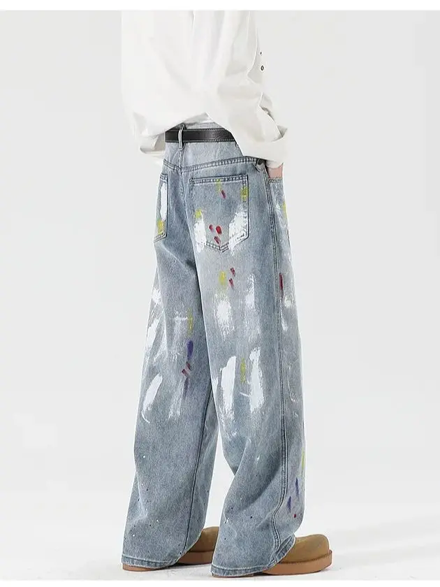 American Vintage Niche Design Graffiti Jeans Men's and Women's Loose Straight Mid Waist Dragging Pants