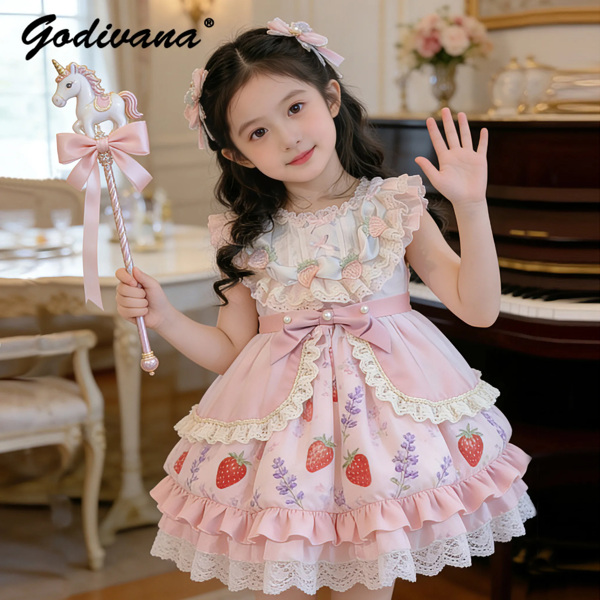 Baby Girls New Summer Lolita Princess Dress Kids Sweet Cartoon Strawberry Print Sleeveless Lace Trim Bow Birthday Party Dresses