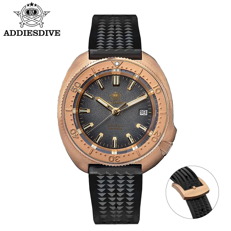 ADDIESDIVE AD2097 Taucheruhr, NH35A-Uhrwerk, Bronzegehäuse, Kautschukarmband, 120 Zähne Lünette, Saphirglas, 100 m wasserdicht, leuchtendes Zifferblatt 7