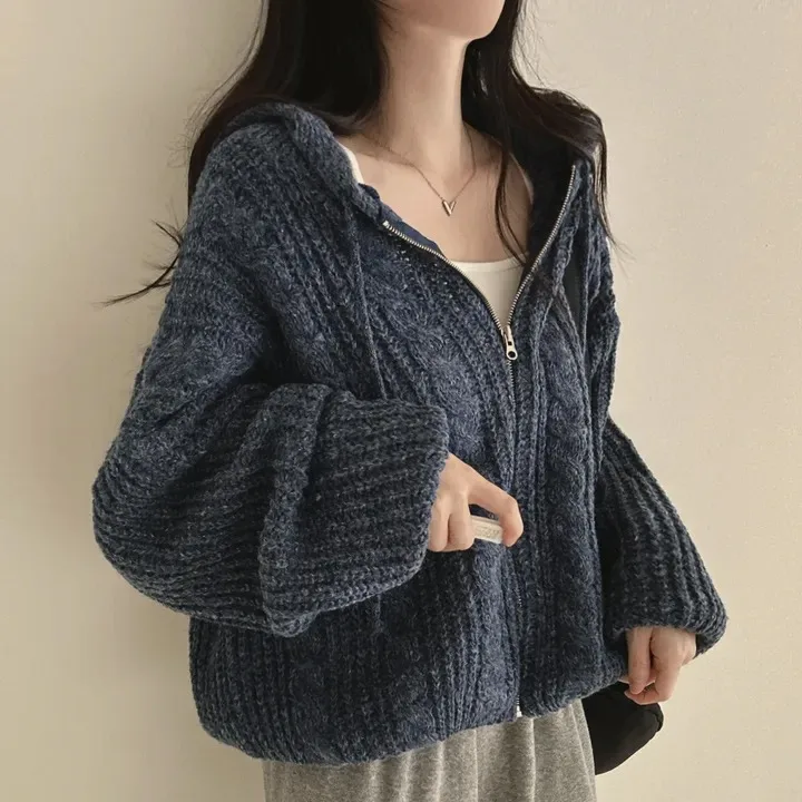 Loose Women's Knitted Hat Sweater Coat Vintage Twist Casual Style Korean Version Autumn Winter Top Warmth Heating Short Length