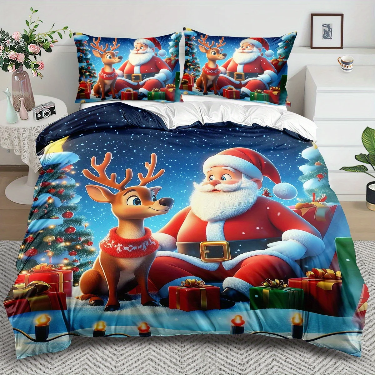 

2/3pcs Blue Santa Claus Bedding Set Christmas Reindeer Duvet Cover Set Christmas Tree Comforter Cover Bedroom Decor Guest Room