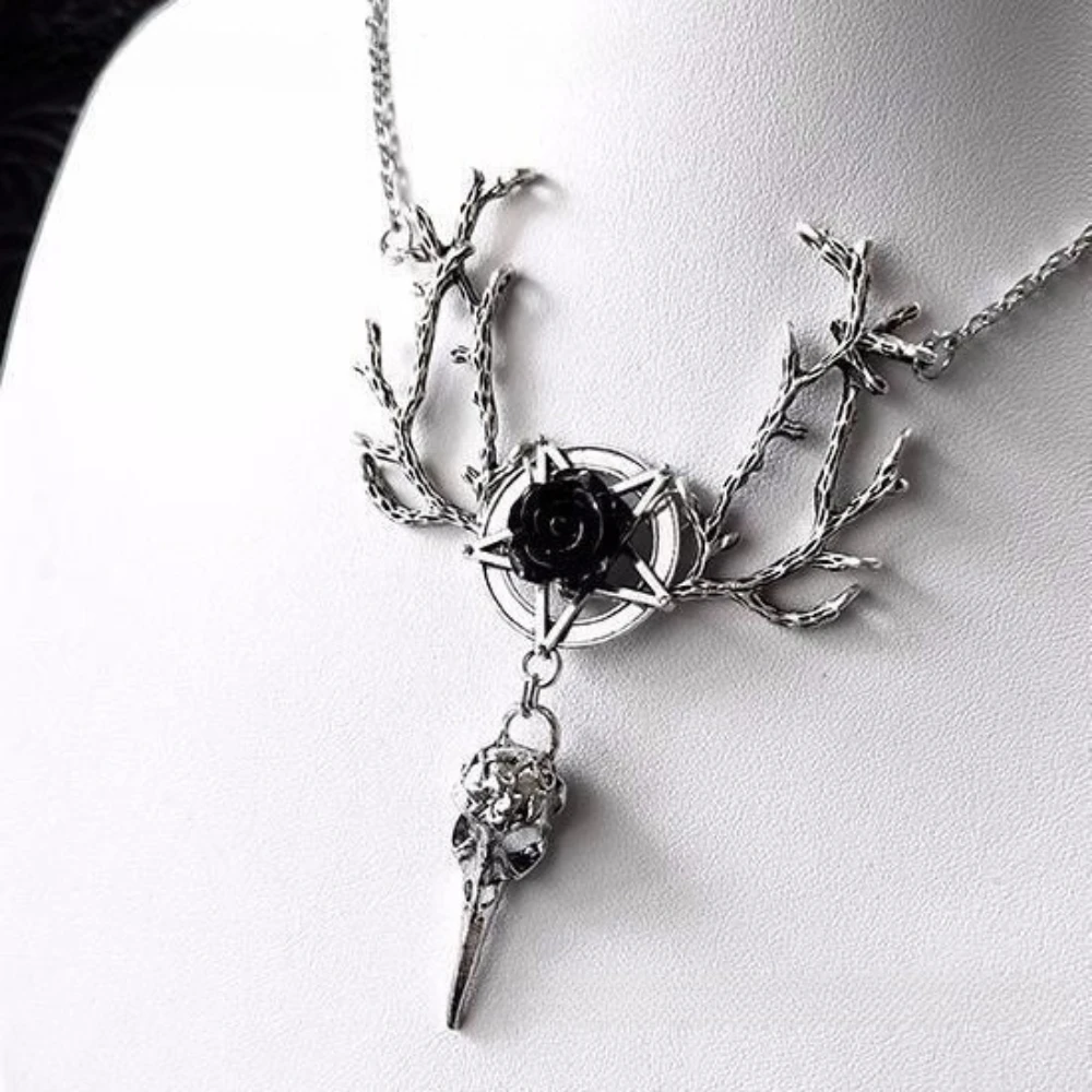 Gothic Exquisite Silver Color Tree Branch Rose Flower Bird-billed Skull Pentagram Pendant Necklace for Women Halloween Jewelry