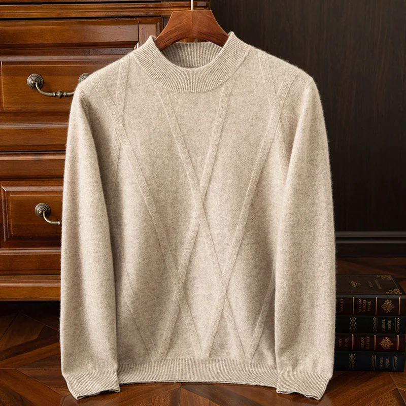 Choice Men's 100% Cashmere Sweater Autumn Winter Mock Neck Long Sleeve Pullover Rhombus Knit Cashmere Knitwear Smart Casual Tops