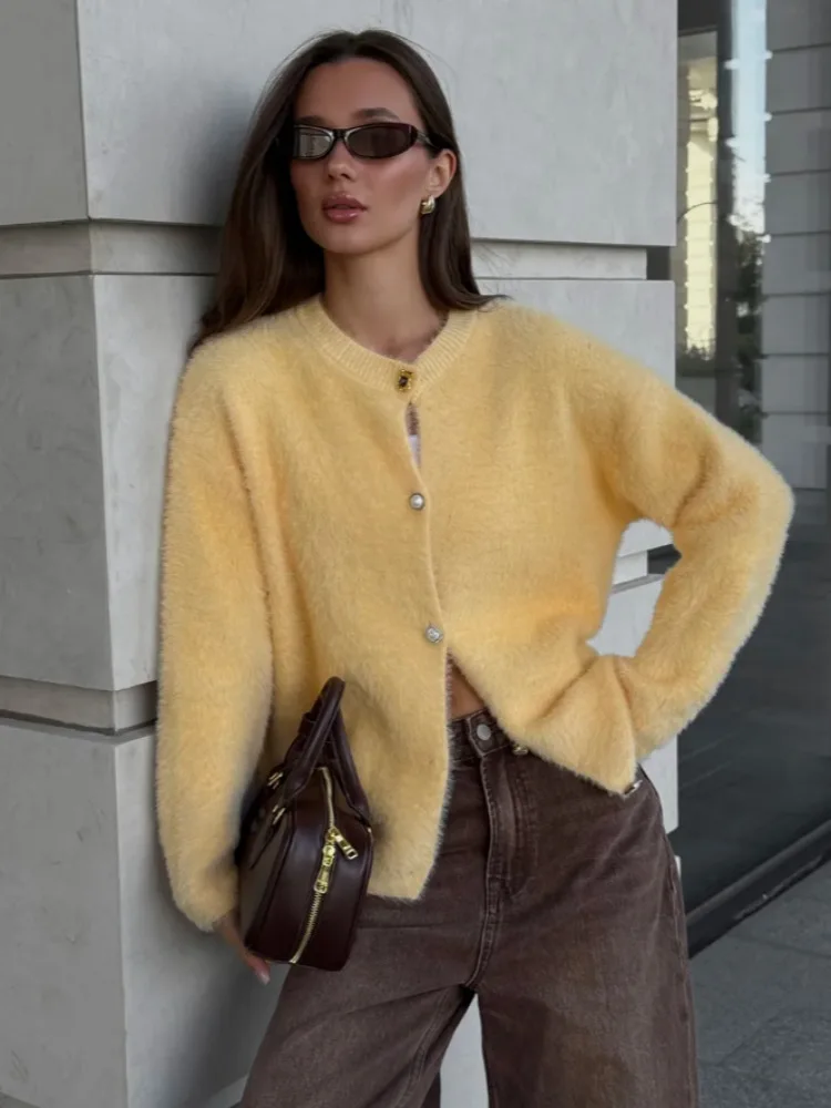 

Women Yellow Long Sleeve Knitted Cardigans Fashion Versatile Round Neck Single Breasted Soft Sweater Sweet Gentle Warm Coat Tops