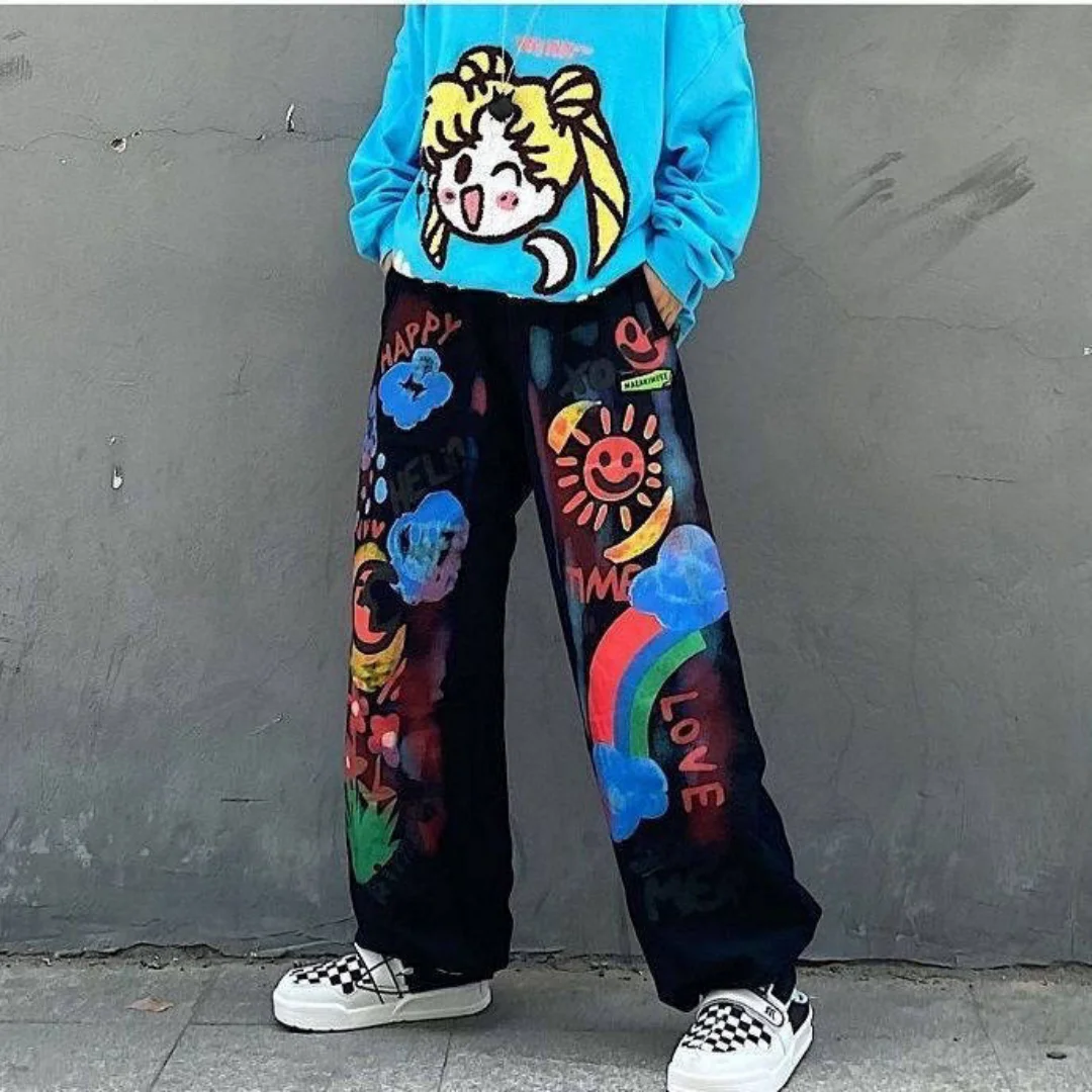 Graffiti dos desenhos animados impressão outono hip-hop rua solta calças de perna reta impresso calças de perna larga adequado para homem e mulher