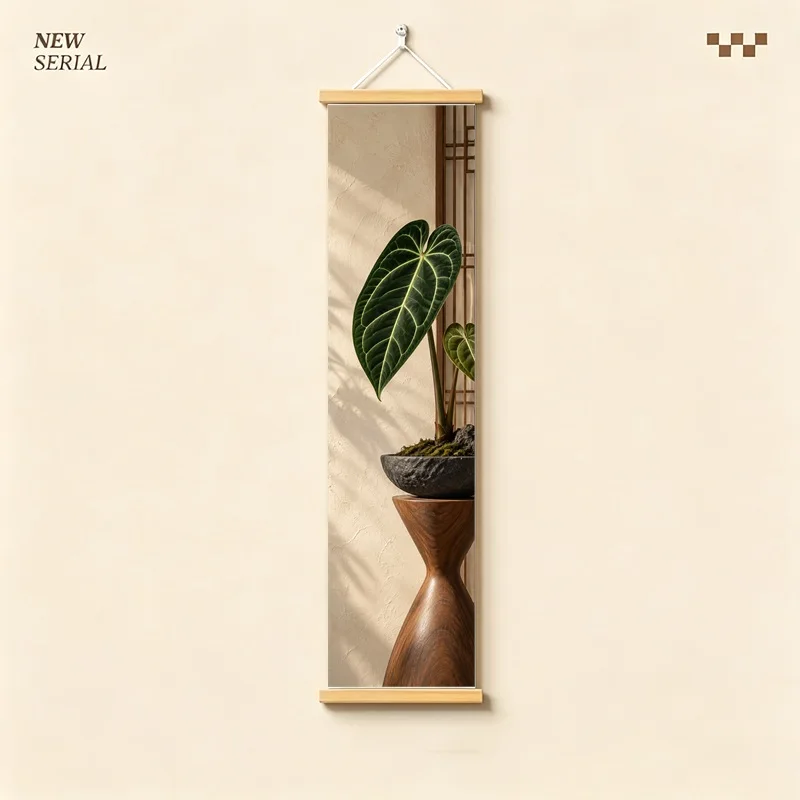 Wall Art Magnificent Anthurium and Veined Anthurium, Calm Wabi-Sabi Silver Shimmer Canvas Hanging Scroll for Reading Nook