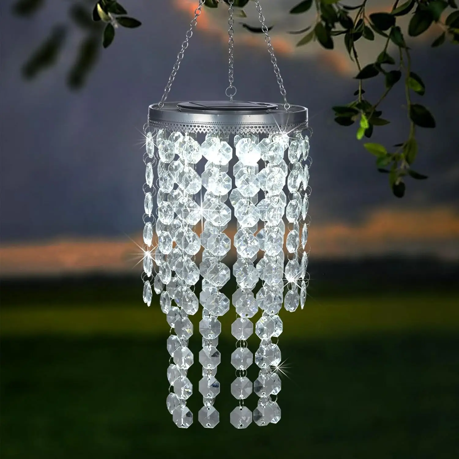 Linterna Solar colgante de 2 niveles, candelabro de cuentas acrílicas transparentes de 21' con LED blanco frío para decoración de jardín, Patio y exteriores