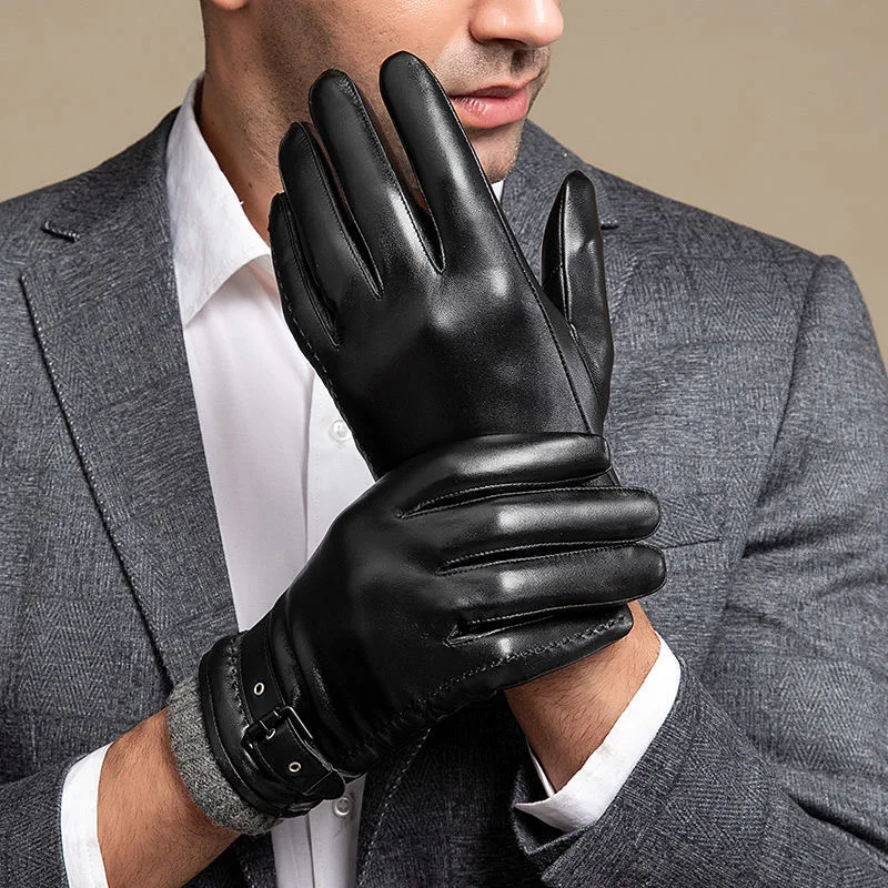 Guantes de cuero genuino para hombre, manoplas cálidas a prueba de viento para pantalla táctil de piel de oveja, conducción, ciclismo y motocicleta,